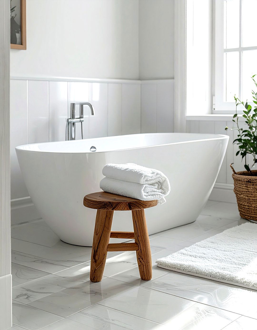 Small wooden stool - 30 Nordic bathroom ideas