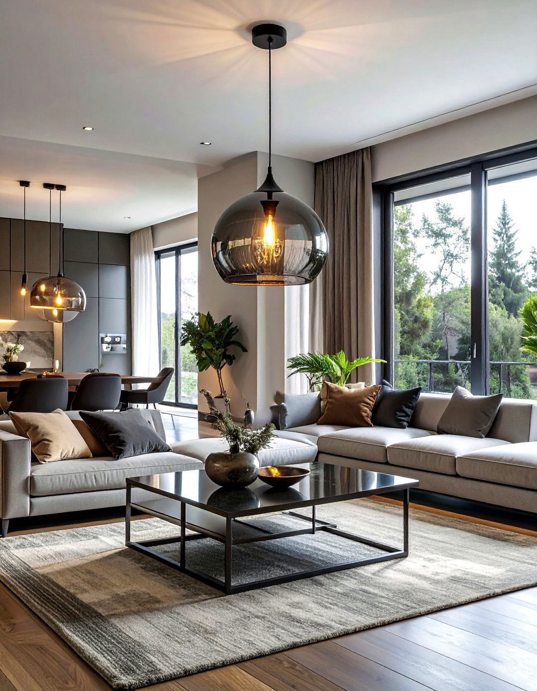 Smoke glass pendant light - 30 grey living room accessories ideas