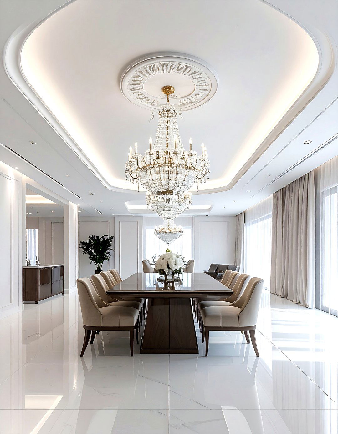 Smooth ceiling with chandelier - 30 living room smooth ceiling ideas