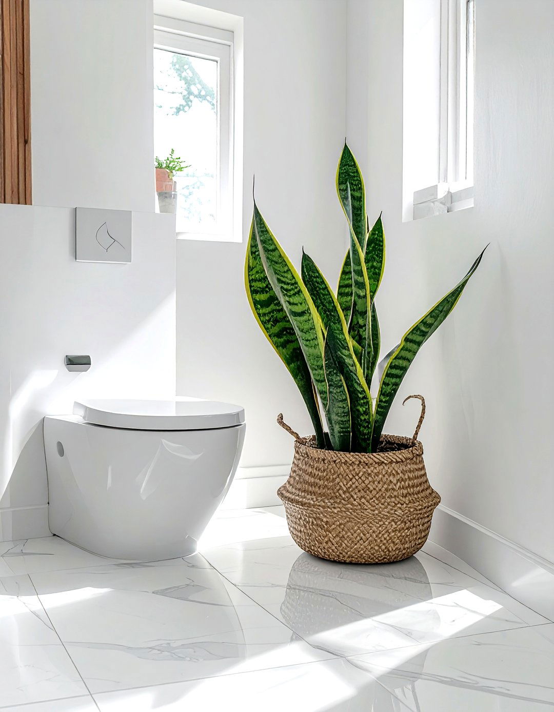 Snake Plant In Woven Basket - 30 bathroom flower arrangement ideas