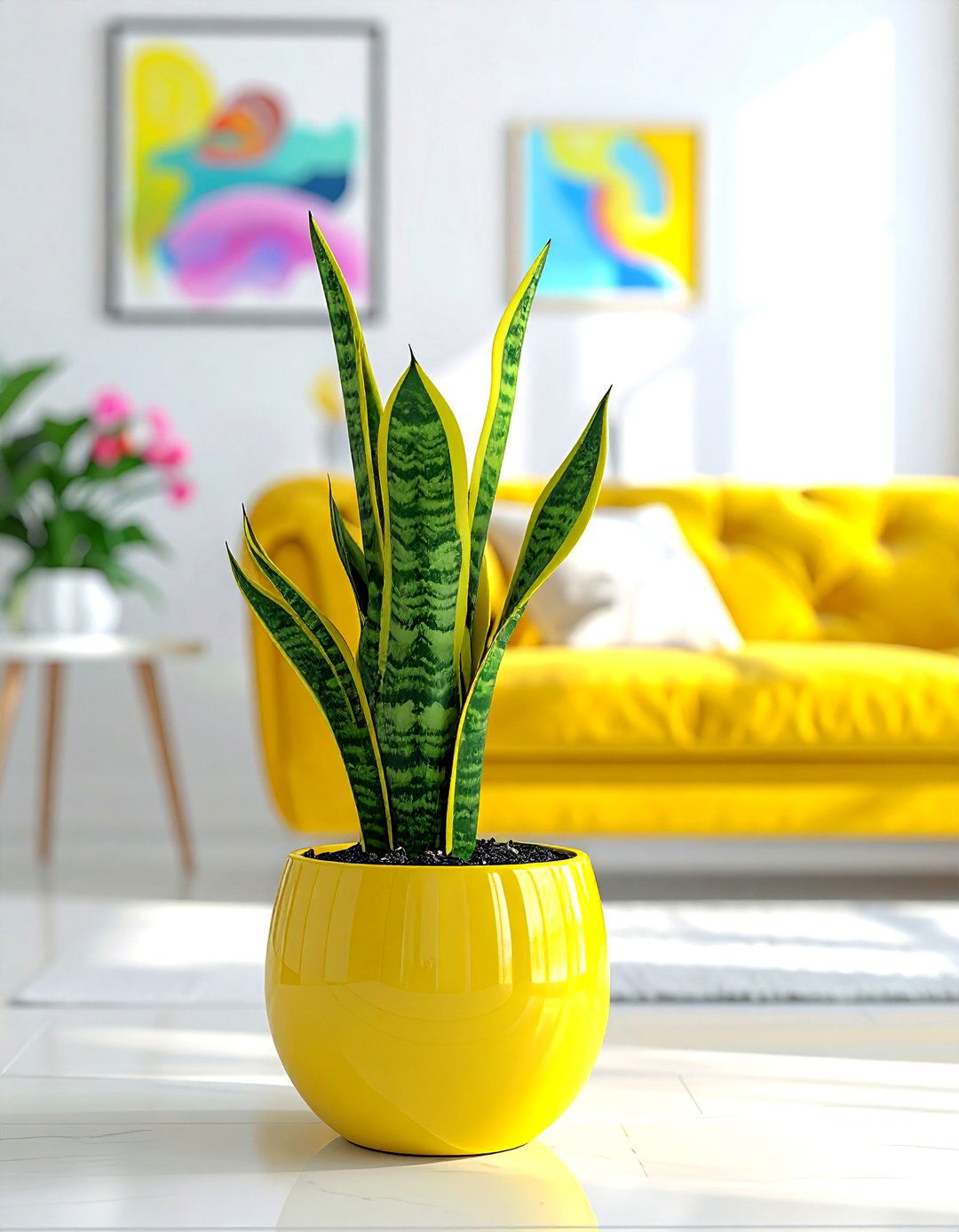 Snake plant in colorful ceramic pot - 30 snake plant ideas
