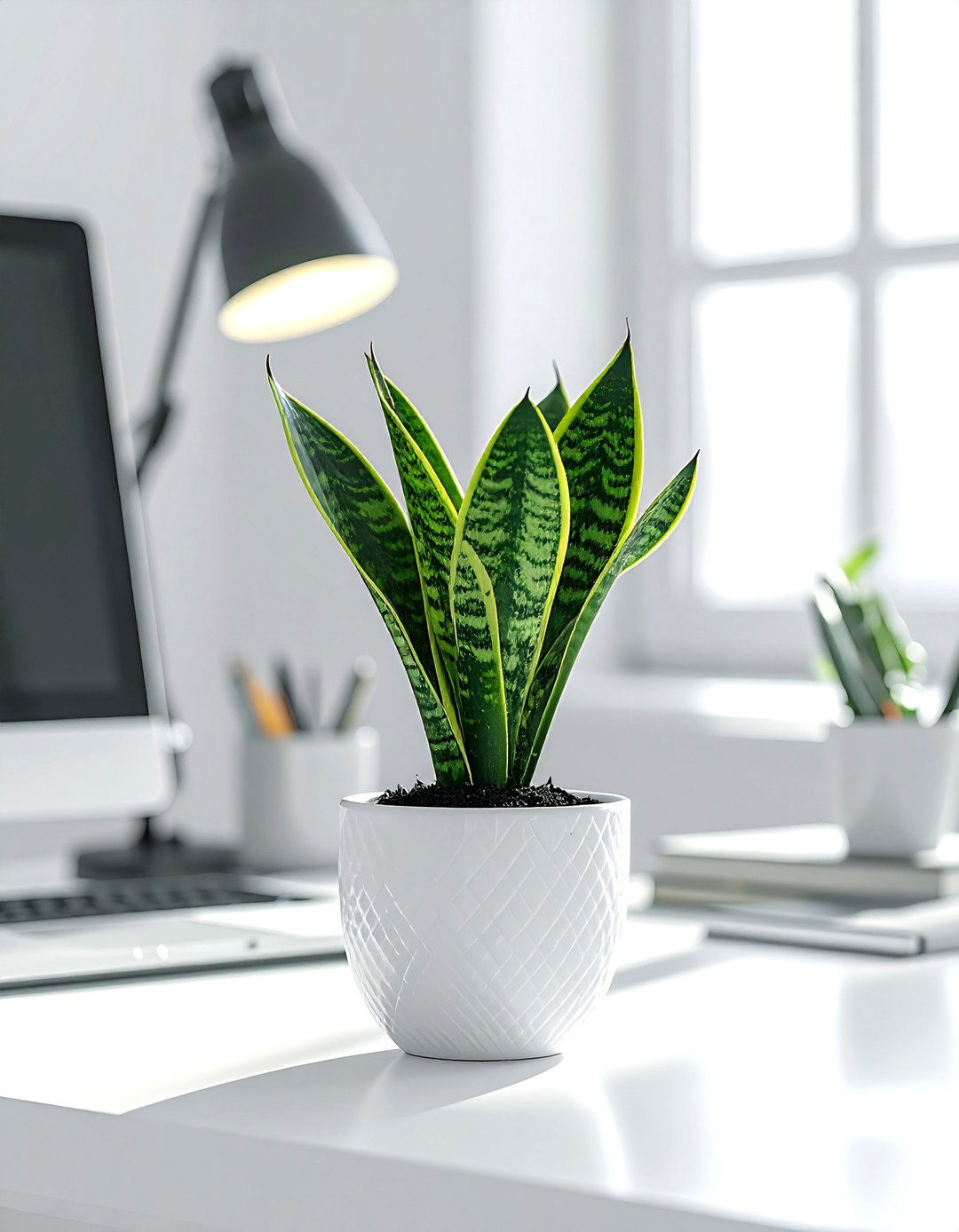 Snake plant on office desk - 30 snake plant ideas