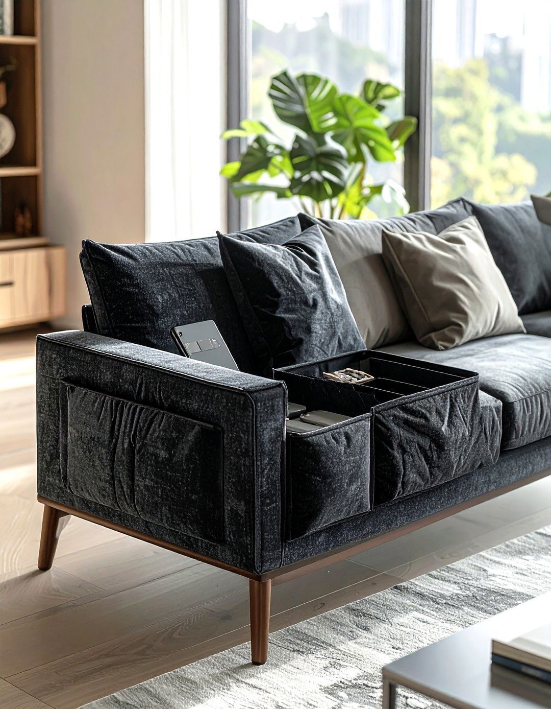 Sofa armrest organizer - 30 living room storage hacks