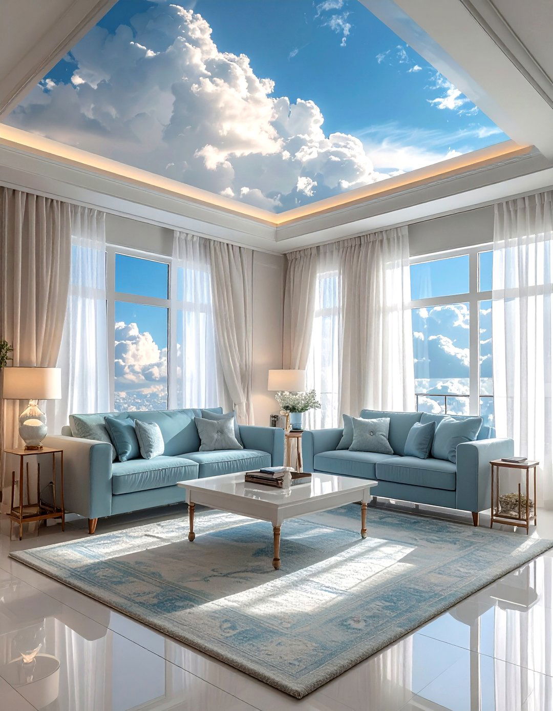 Soft Cloud Ceiling - 30 living room wallpapered ceiling ideas