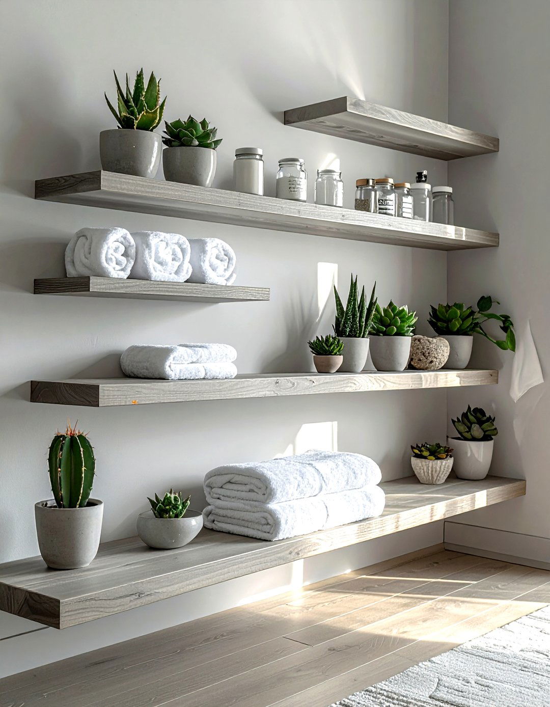 Soft Grey Floating Shelves - 30 grey bathroom furniture ideas