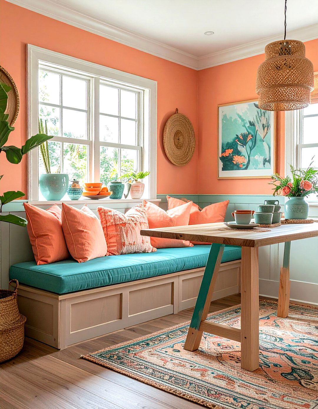 Soft Peach And Teal Breakfast Nook - 30 decor color theory ideas