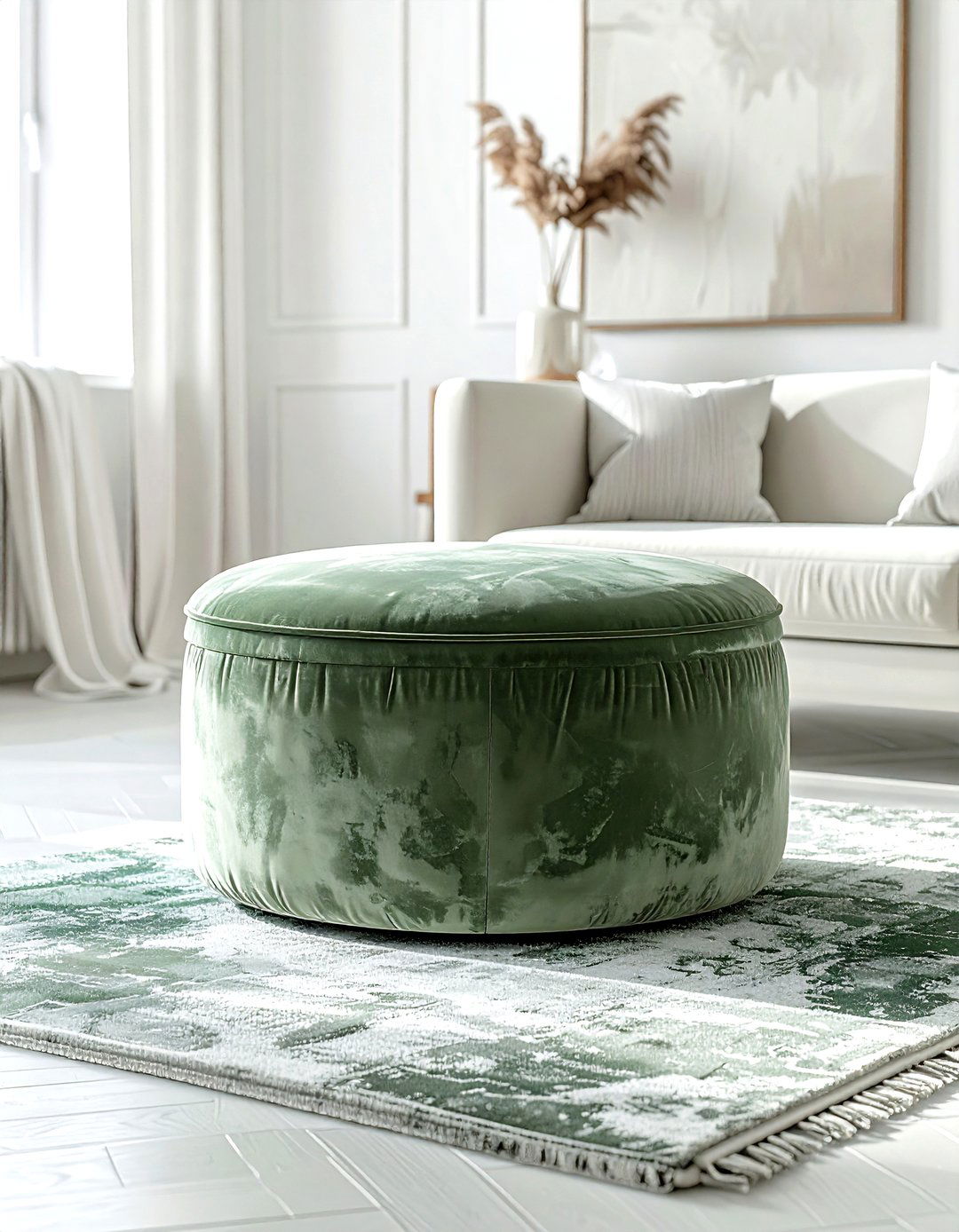Soft Velvet Ottoman - 30 soft minimalist living room ideas