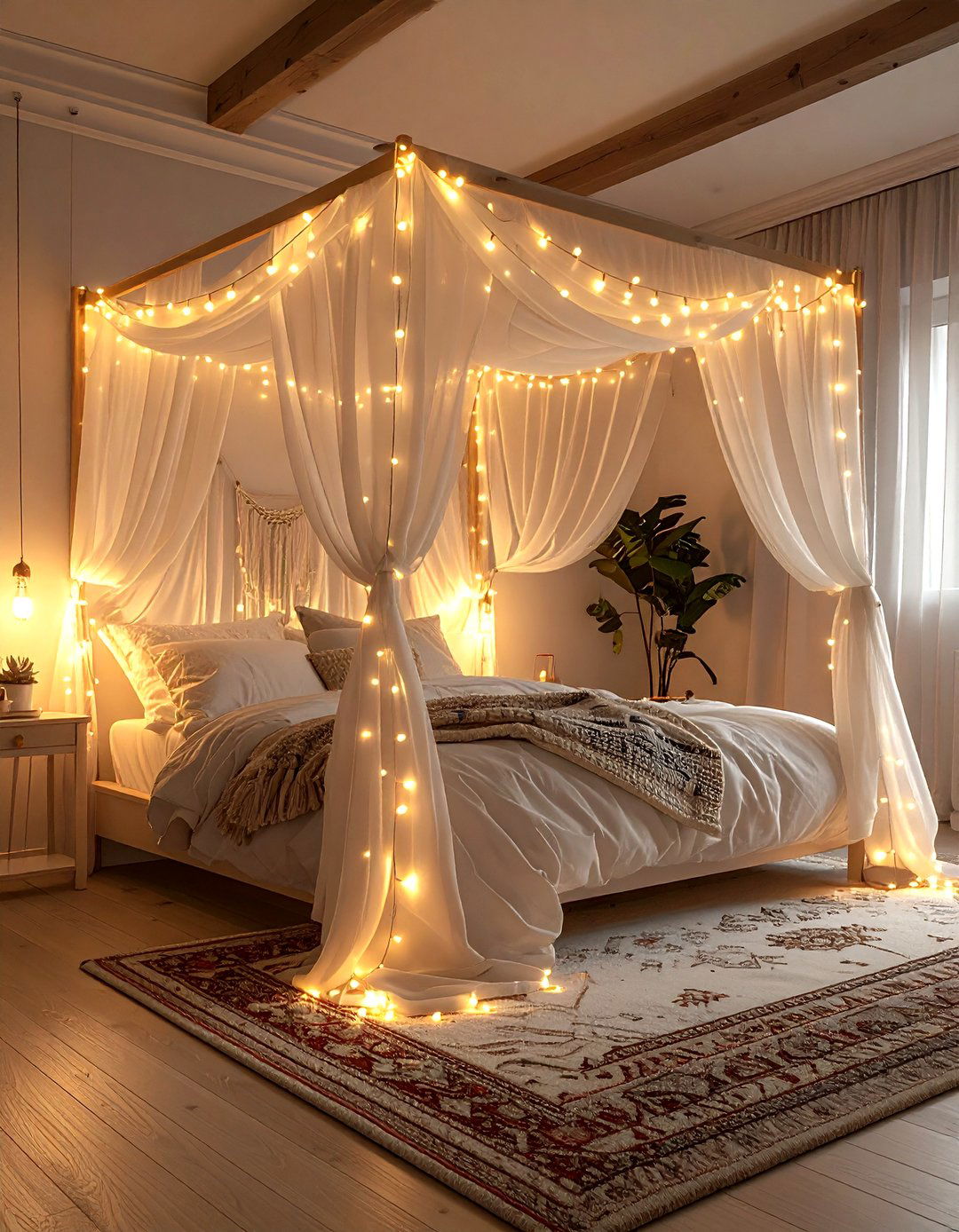 Soft fairy lights over bed canopy - 30 bedroom ambient lighting ideas