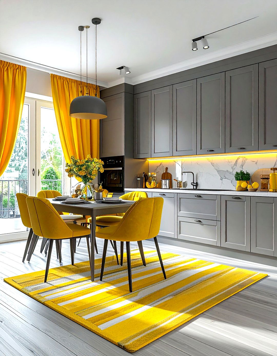 Soft gray kitchen with lemon yellow textiles - 30 gray and yellow kitchen ideas