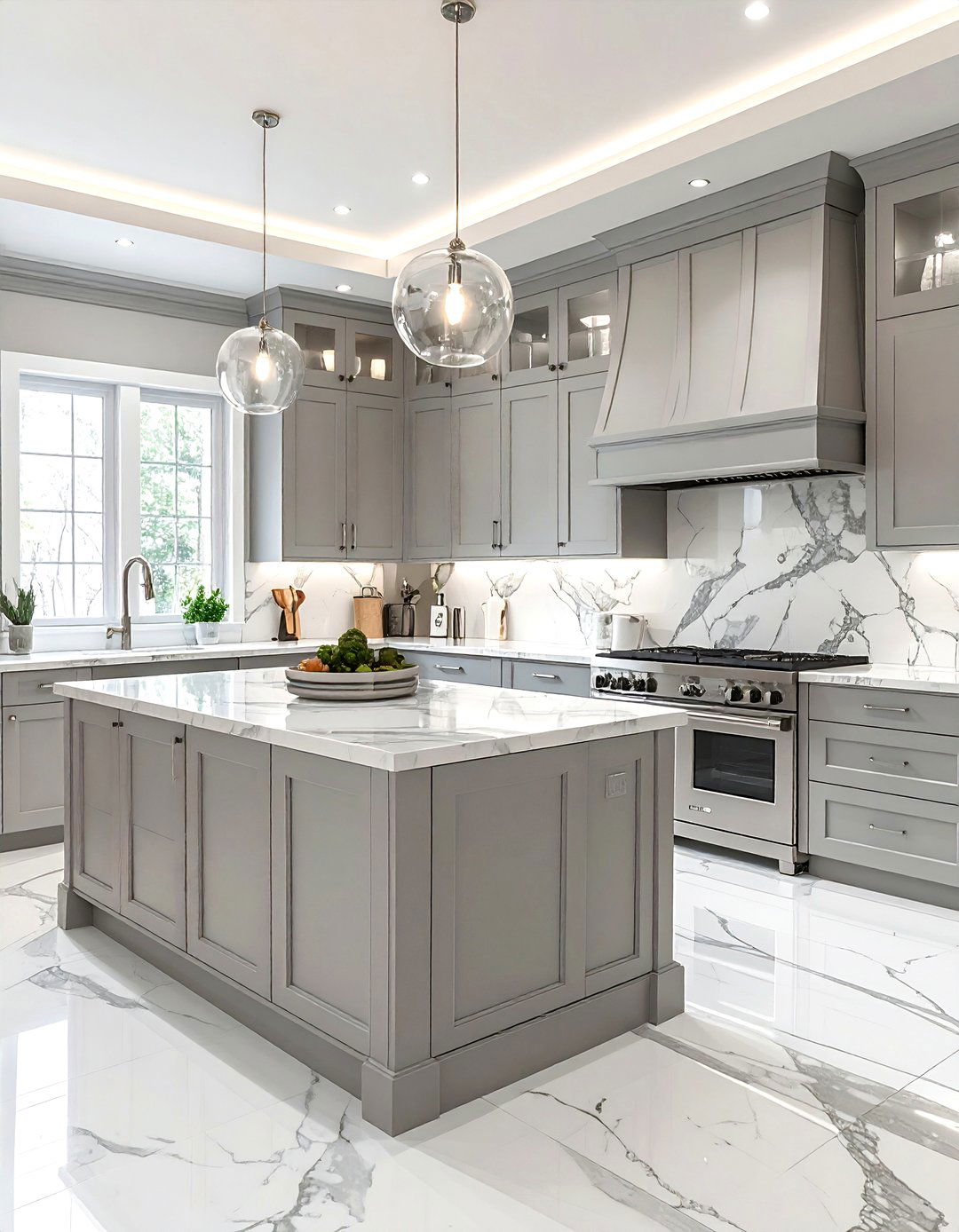 Soft grey and marble kitchen cabinets - 30 two-tone kitchen cabinet ideas