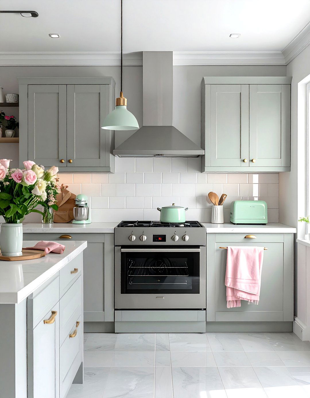 Soft grey kitchen with pastel accents - 30 grey kitchen accessories ideas