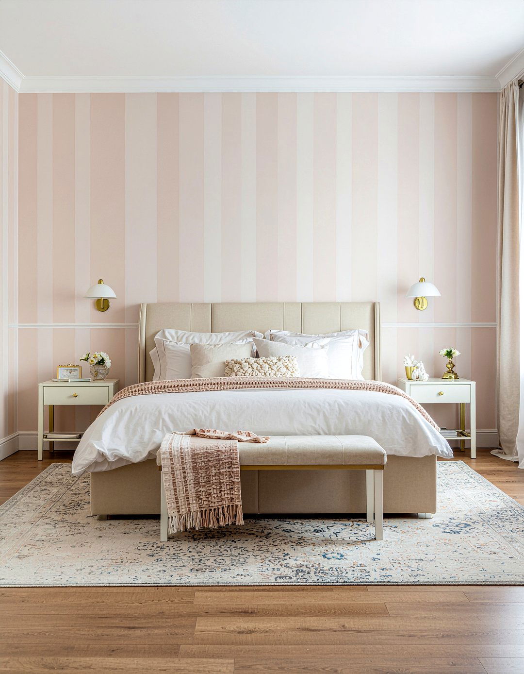 Soft peach stripe wallpaper - 30 bedroom striped wallpapers
