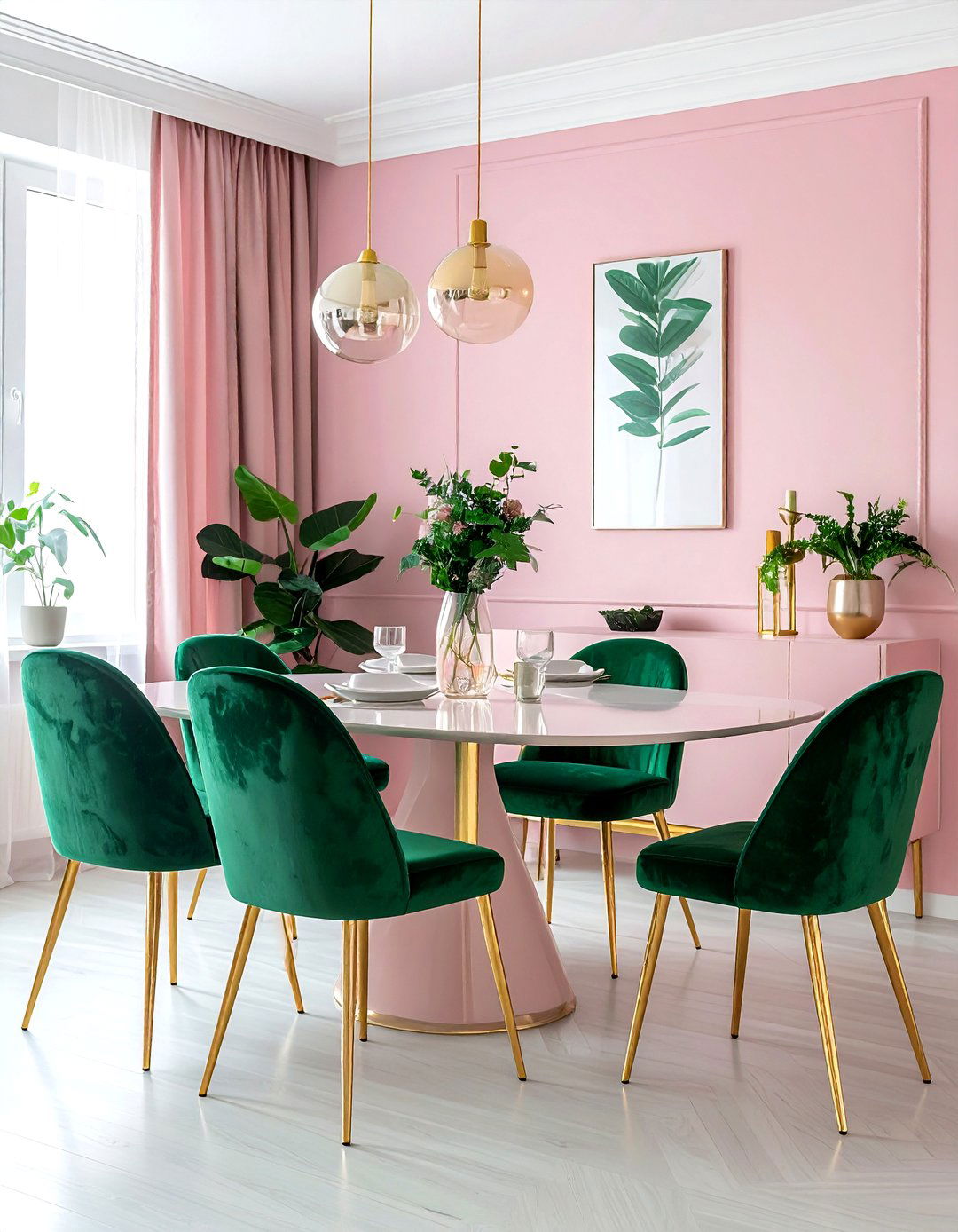 Soft pink and emerald dining room - 30 two-tone dining room ideas