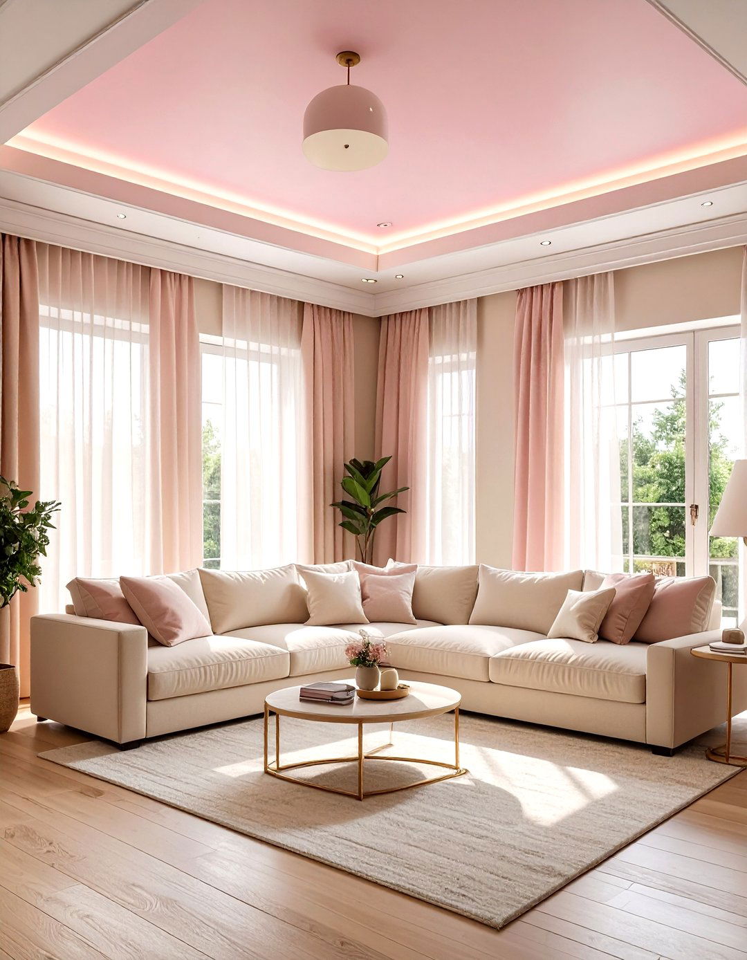 Soft pink living room ceiling - 30 living room painted ceiling ideas