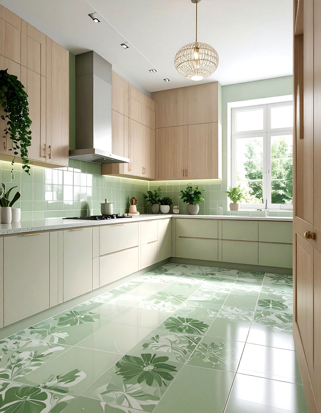 Soft sage green tile pattern - 30 patterned floor kitchen ideas