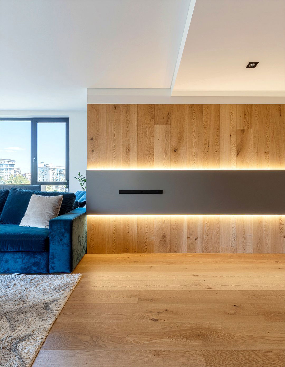 Soundbar Integrated Into Slatted Wood Wall - 30 living room soundbar ideas