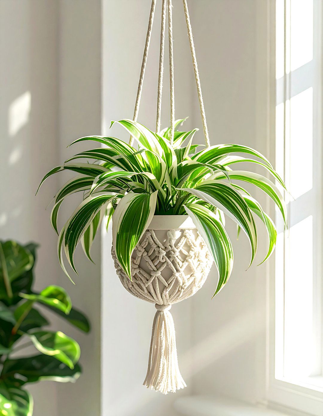 Spider Plant in Hanging Macrame Planter - 30 dining room indoor plant ideas