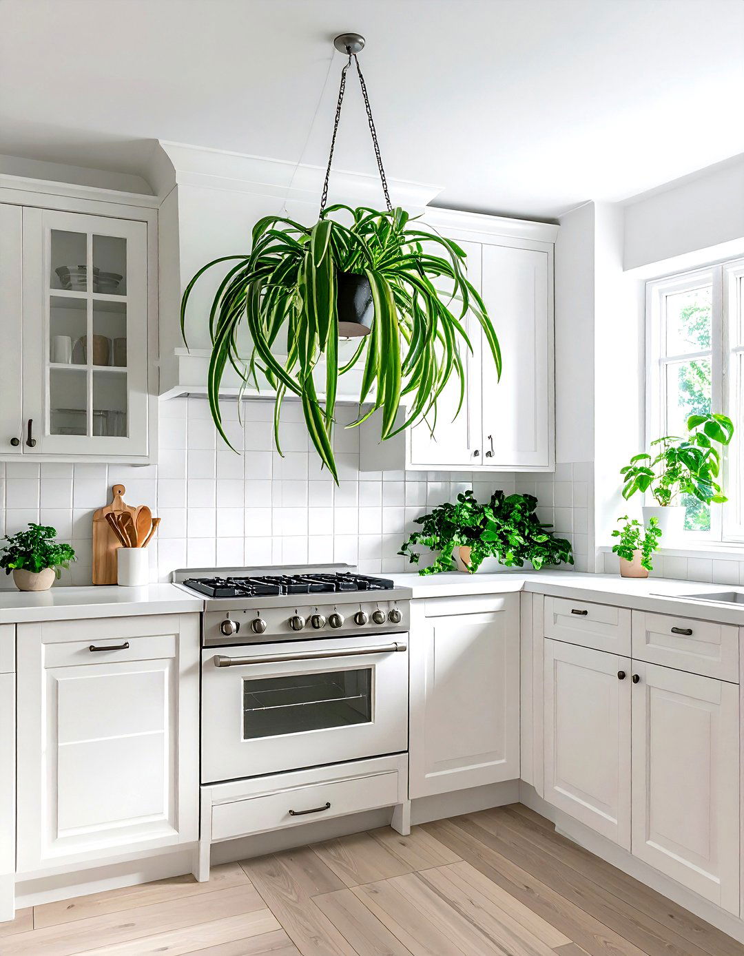 Spider plant above kitchen cabinets - 30 kitchen plant ideas