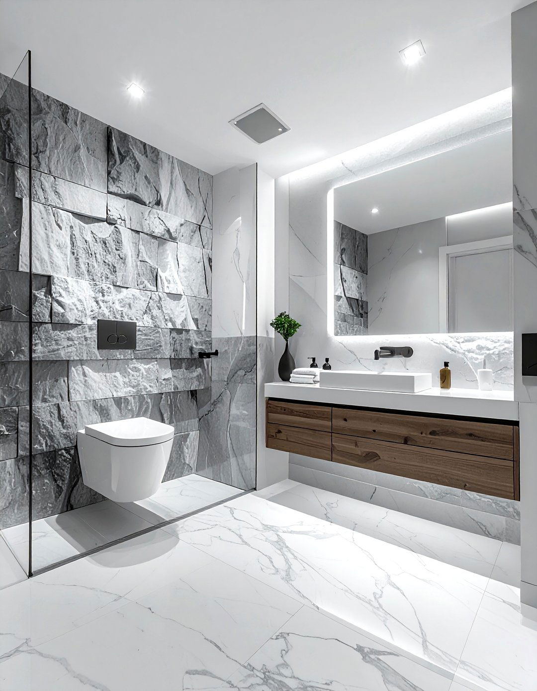 Split face stone bathroom wall - 30 stacked stone bathroom ideas