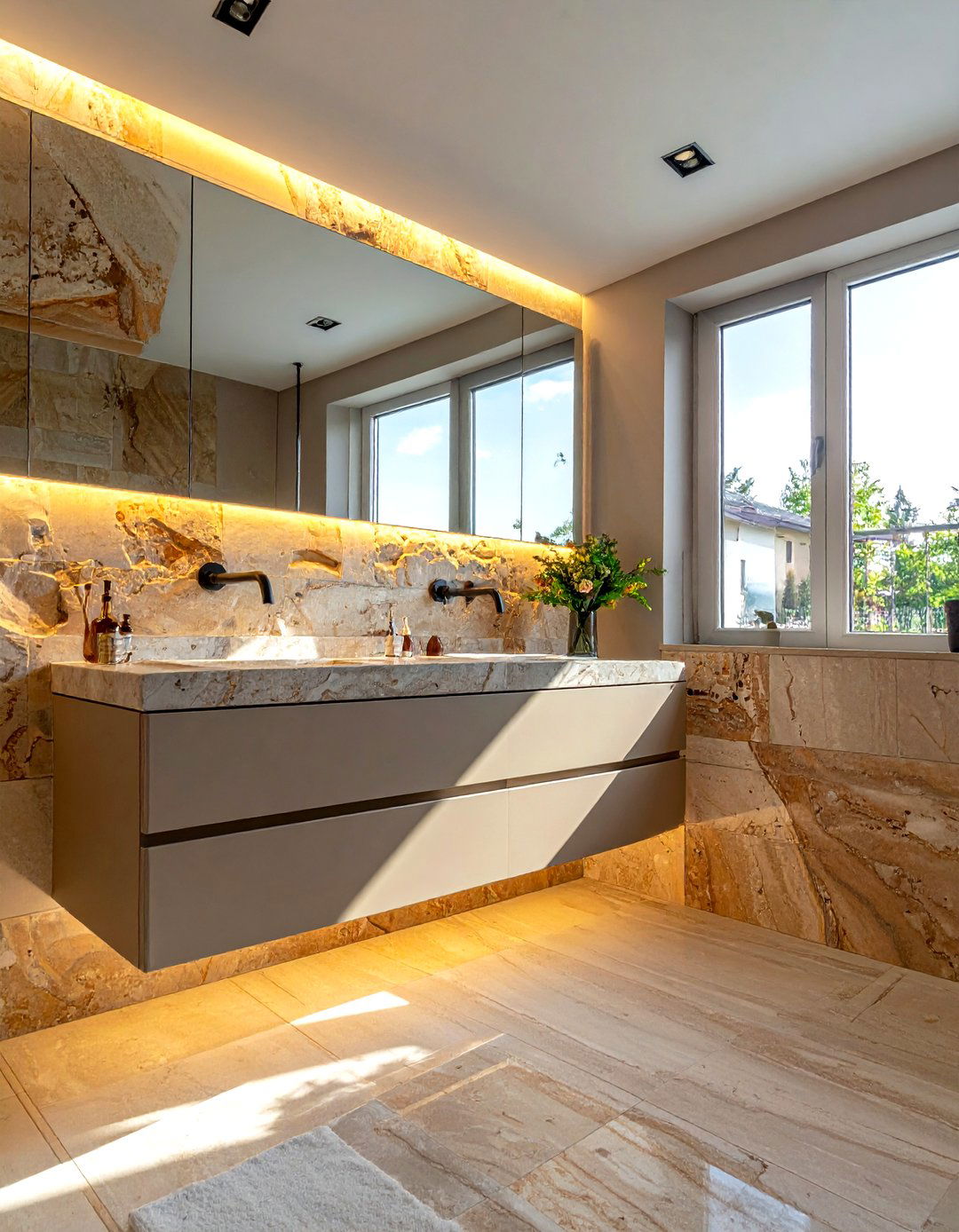 Split face travertine accent wall - 30 travertine tile bathroom ideas