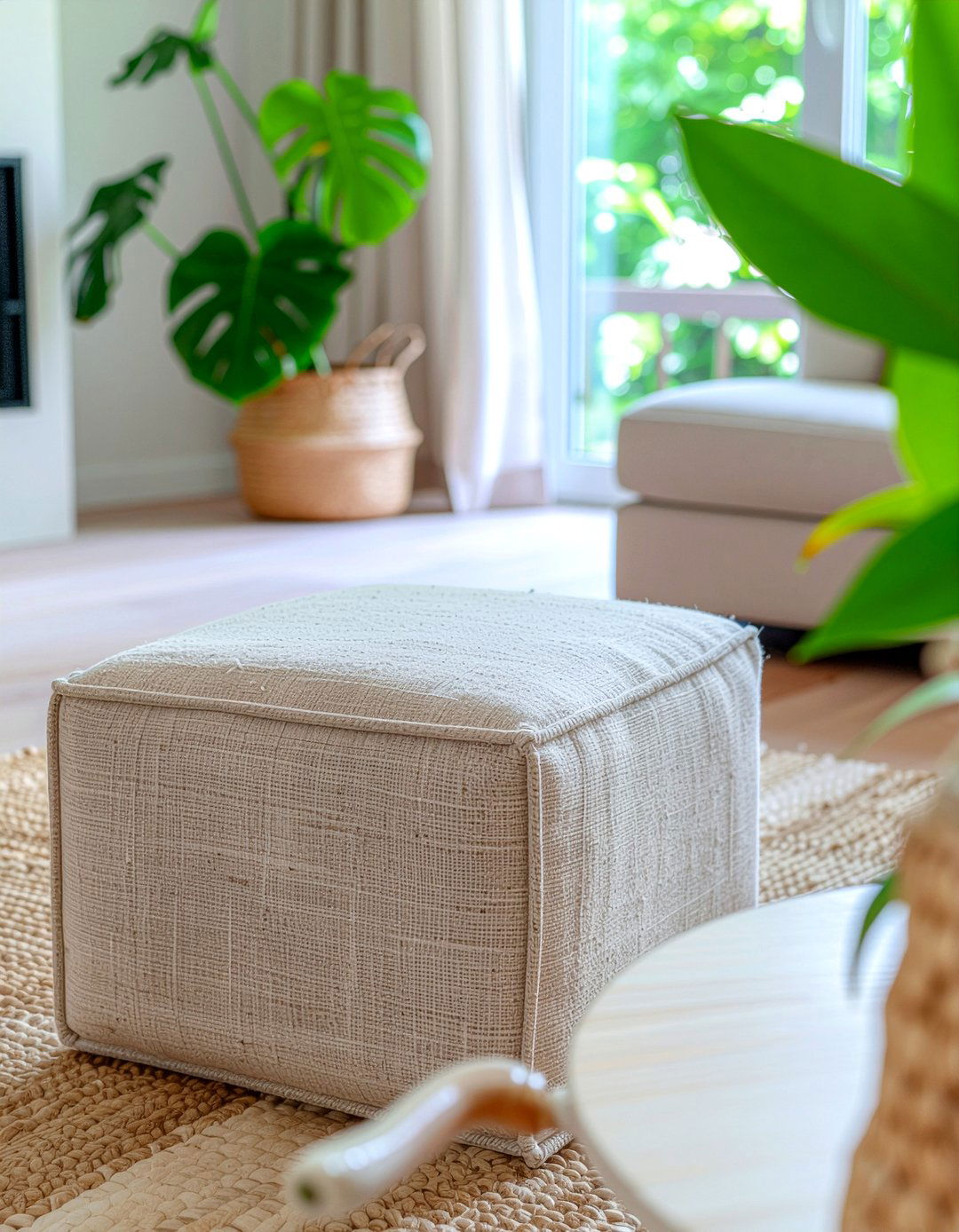 Square Linen Pouf - 30 living room pouf ideas
