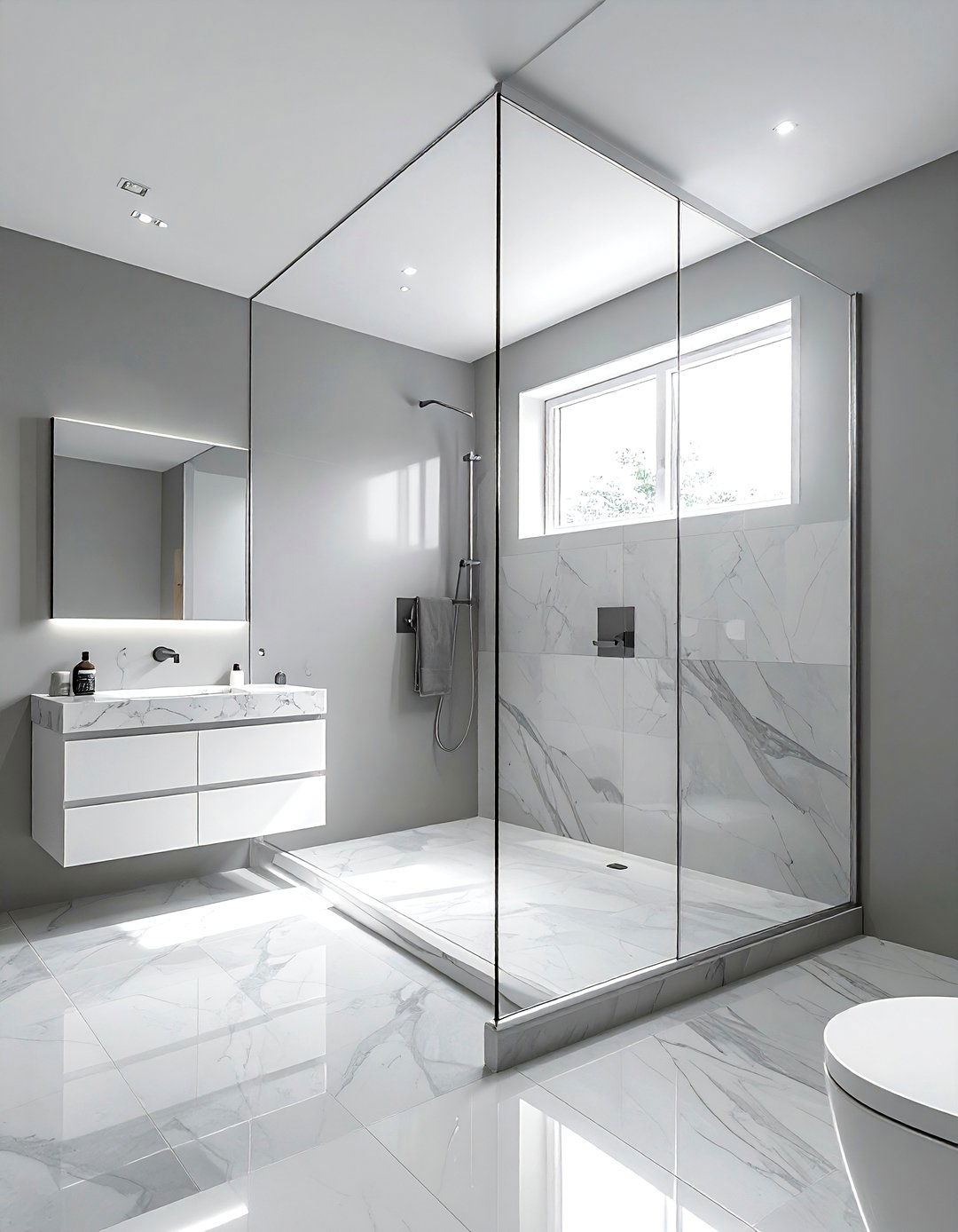 Square bathroom with glass partition - 30 square bathroom layout ideas