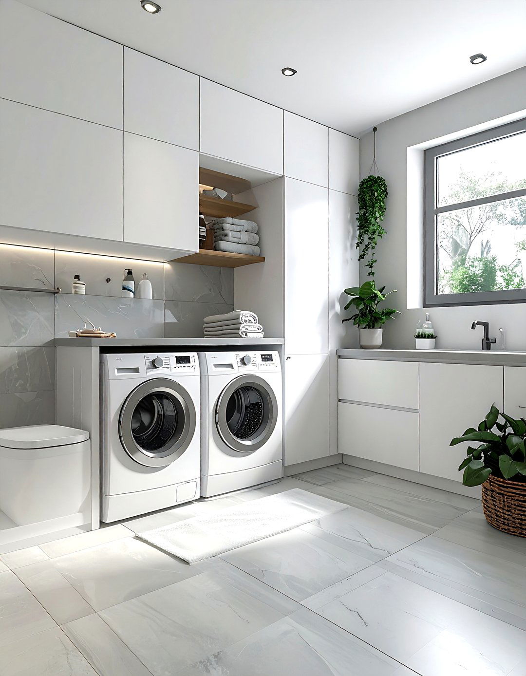 Square bathroom with laundry area - 30 square bathroom layout ideas