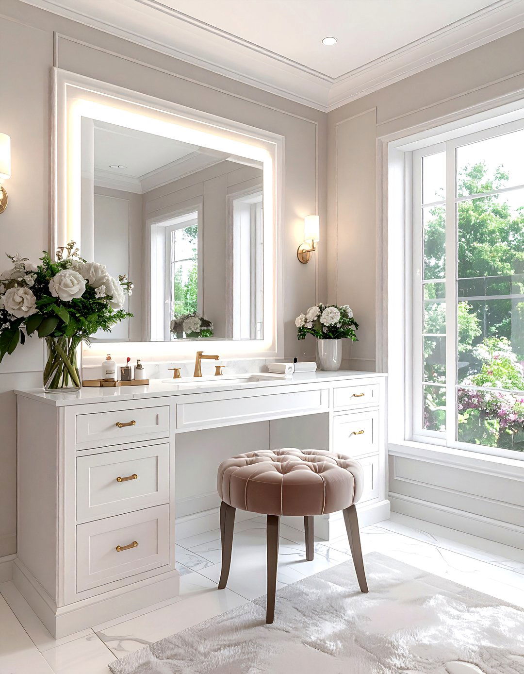 Square bathroom with makeup vanity - 30 square bathroom layout ideas