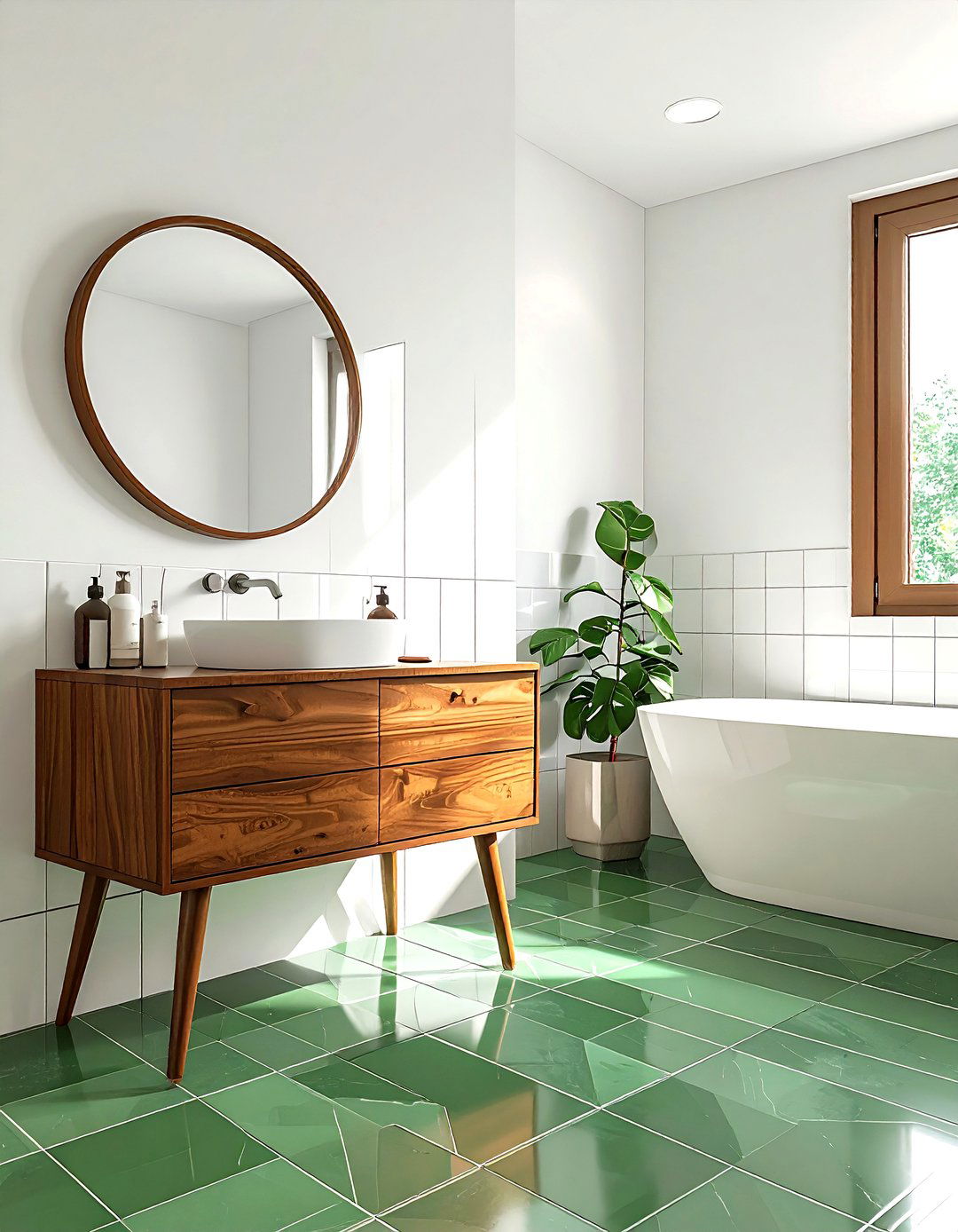 Square bathroom with mid century style - 30 square bathroom layout ideas