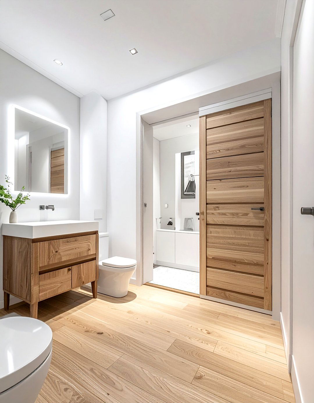 Square bathroom with pocket door - 30 square bathroom layout ideas