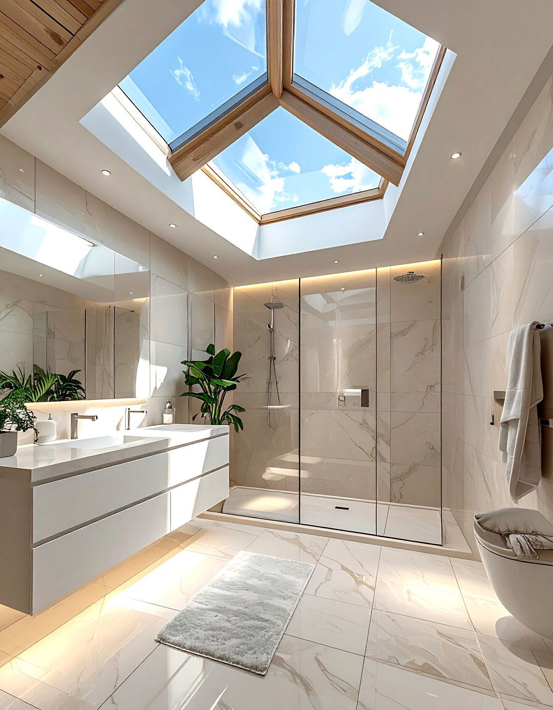 Square bathroom with skylight - 30 square bathroom layout ideas