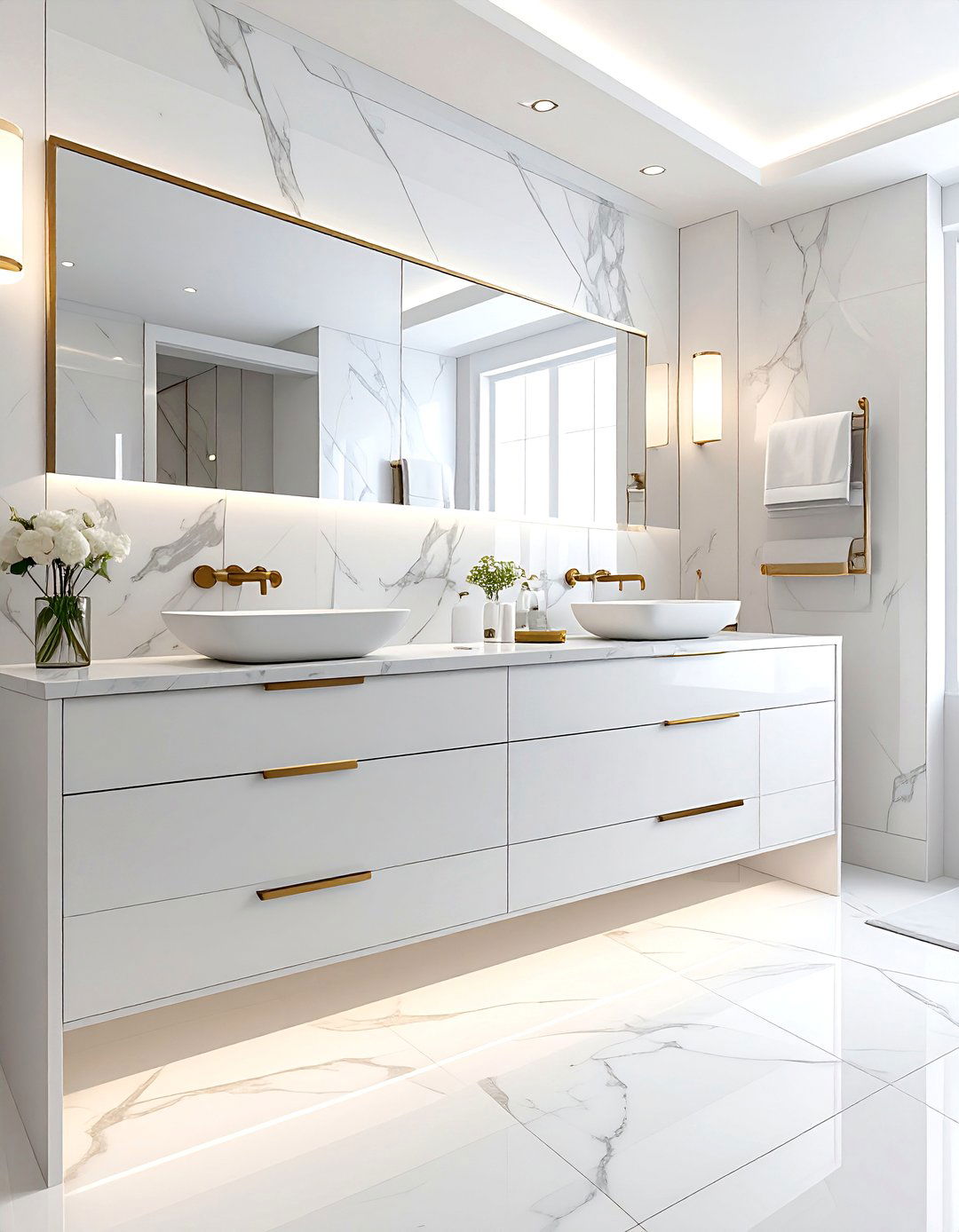 Square master bathroom with double vanity - 30 square bathroom layout ideas