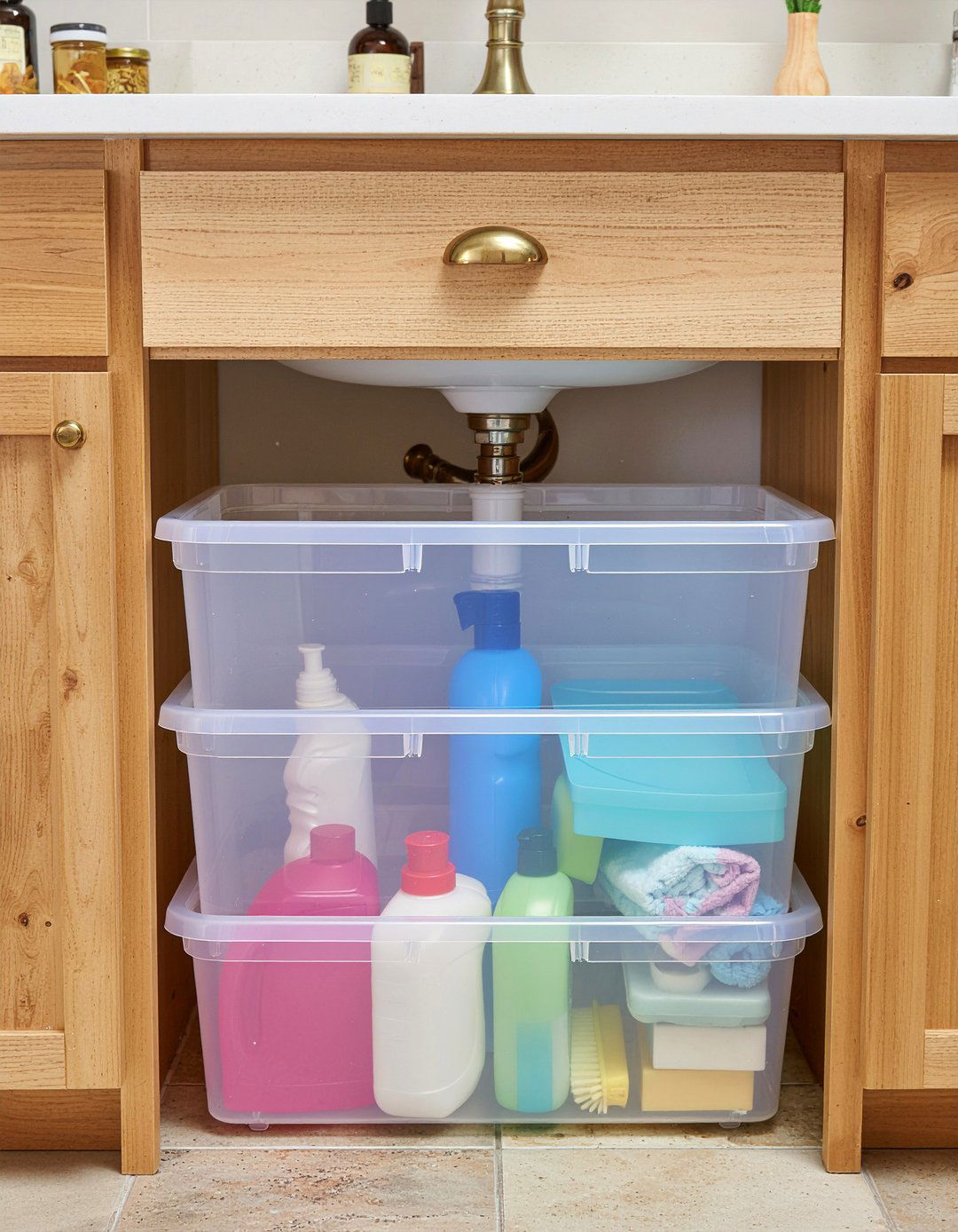 Stackable Clear Bin - 30 bathroom DIY storage ideas