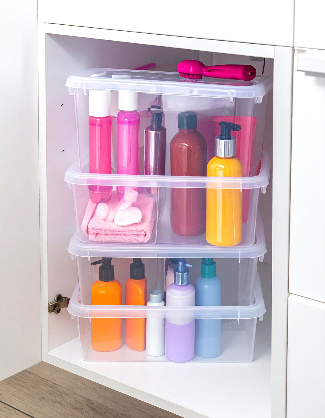 Stackable Clear Storage Bins - 30 under sink bathroom storage ideas