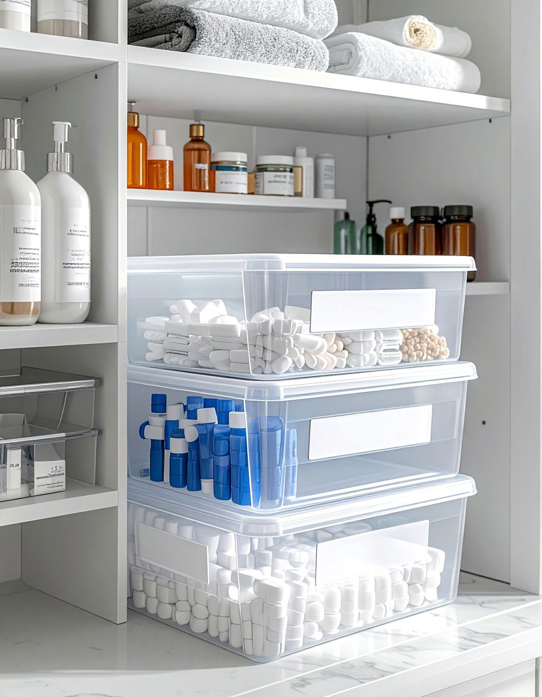 Stackable Plastic Bins - 30 bathroom cabinet storage ideas
