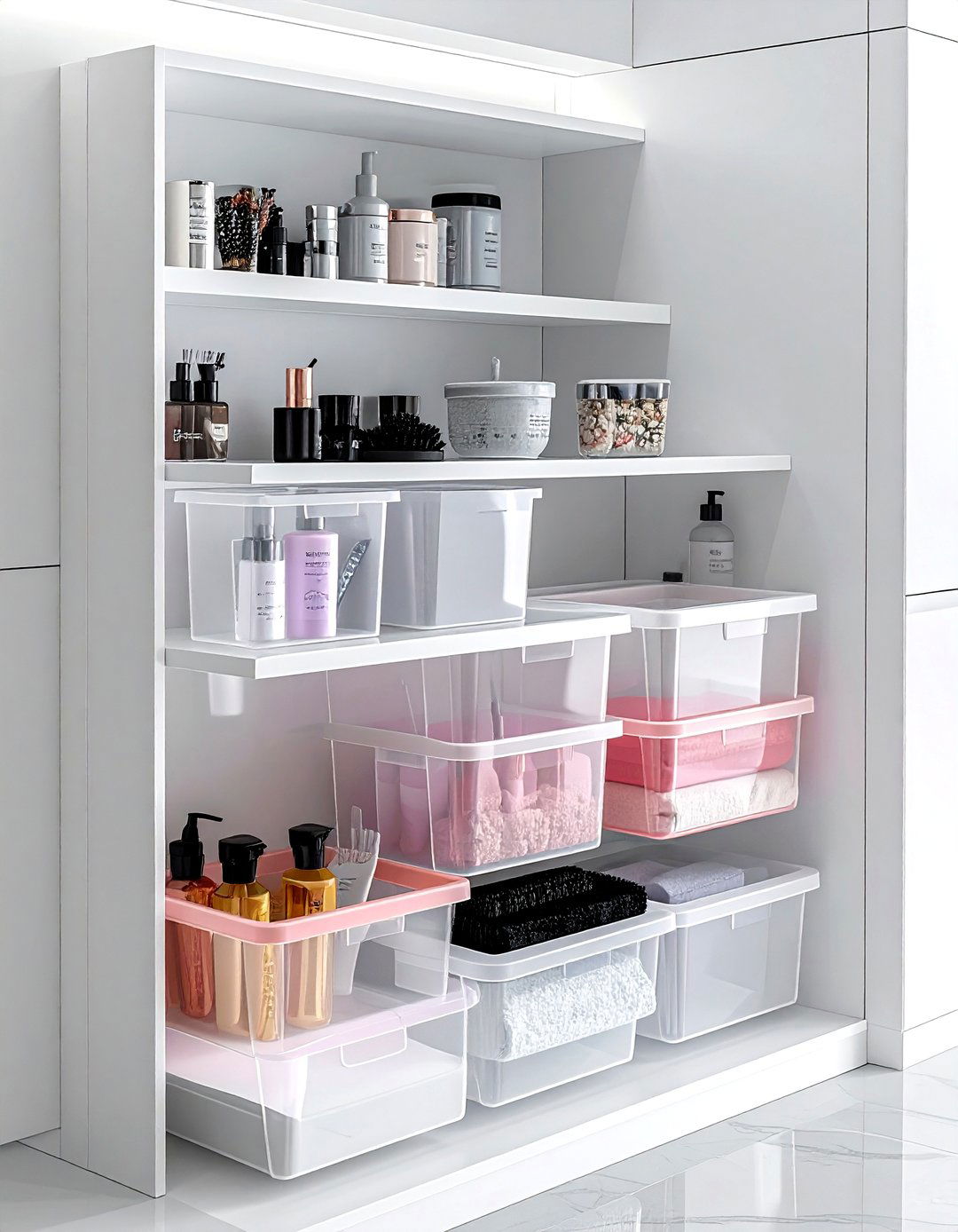 Stackable Plastic Corner Bins - 30 bathroom corner shelving ideas