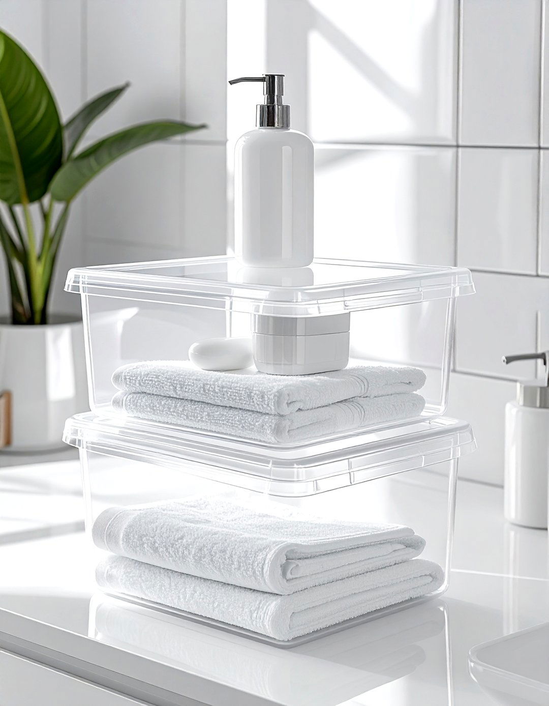 Stackable clear bin - 30 bathroom storage hacks