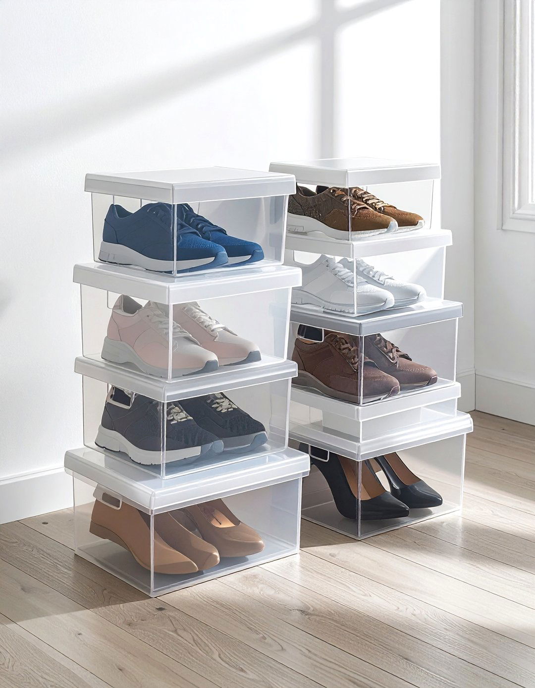 Stackable shoe boxes - 30 bedroom organization hacks