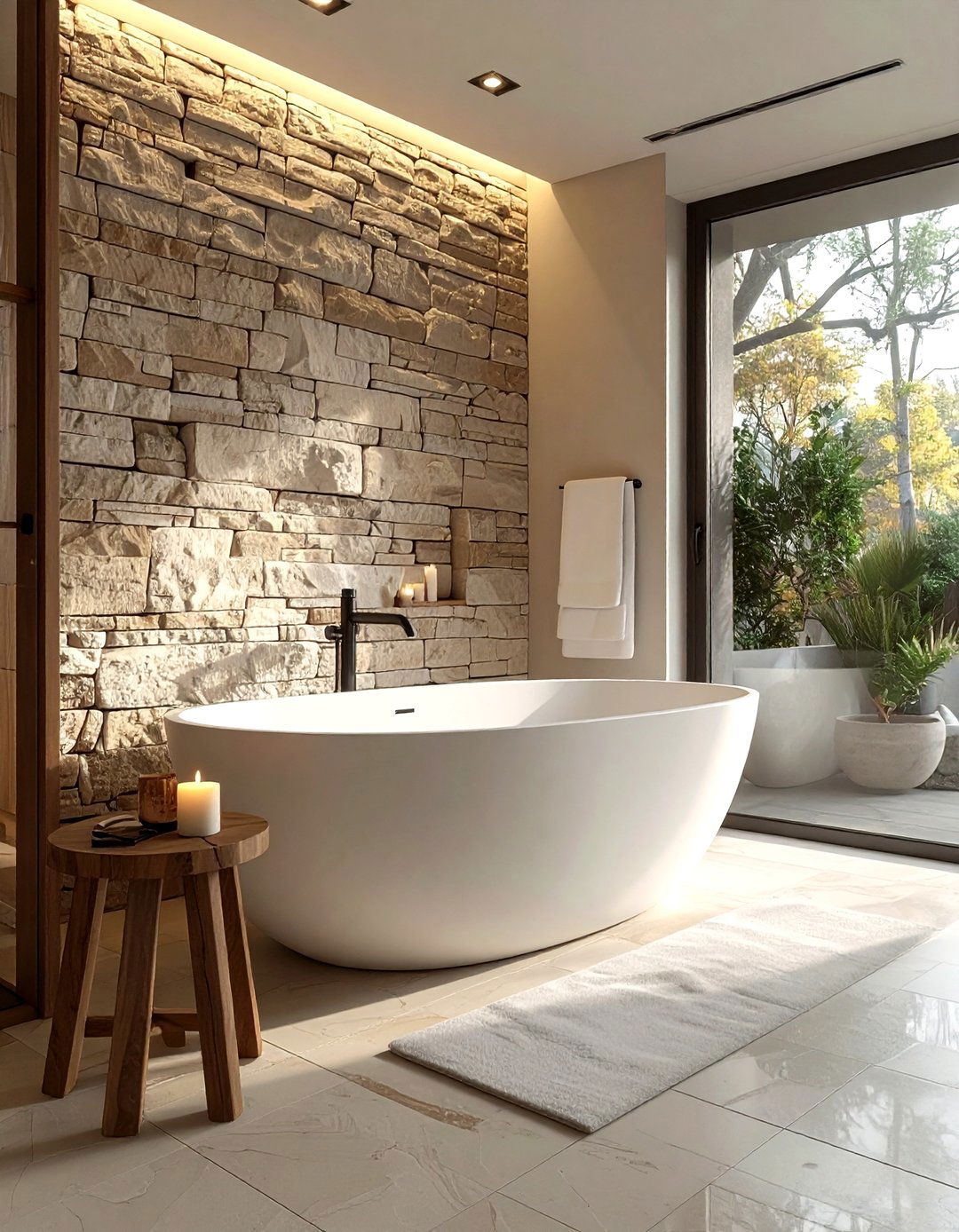 Stacked stone accent wall behind bathtub - 30 stacked stone bathroom ideas