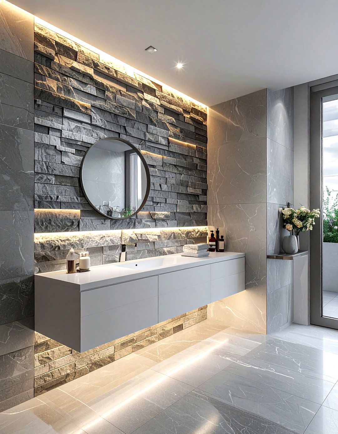 Stacked stone mosaic vanity wall - 30 stone mosaic bathroom ideas