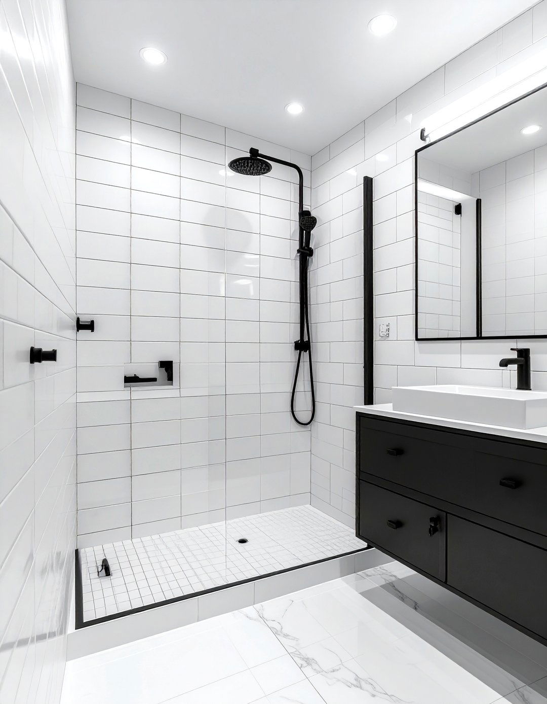 Stacked subway tile black hardware - 30 stacked subway tile bathroom ideas
