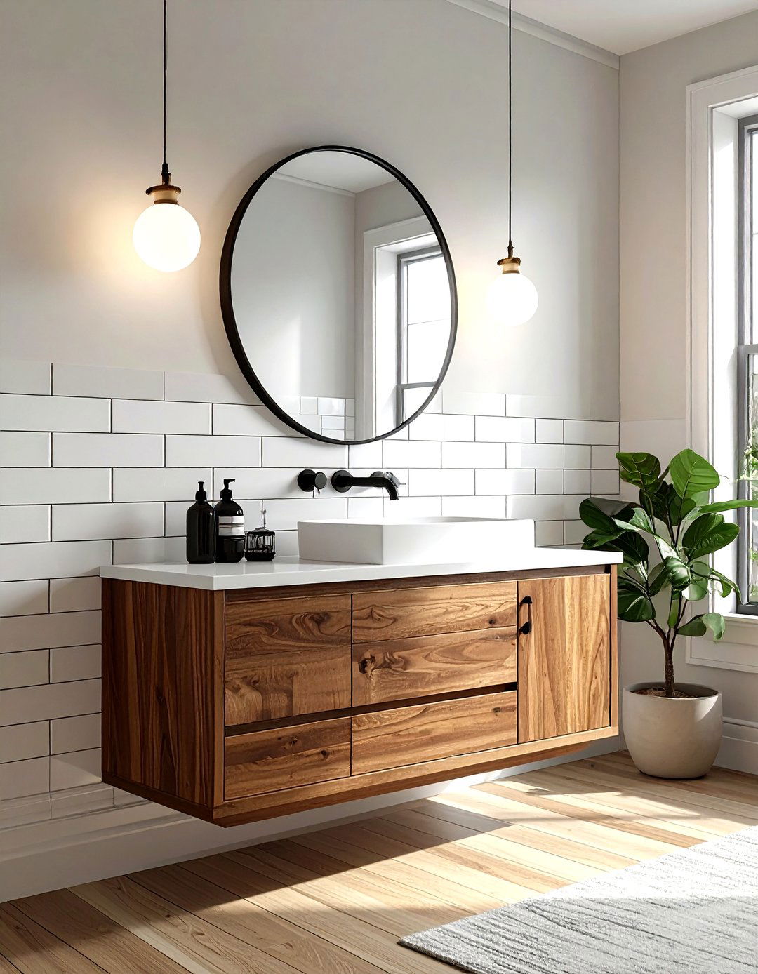 Stacked subway tile wood vanity - 30 stacked subway tile bathroom ideas