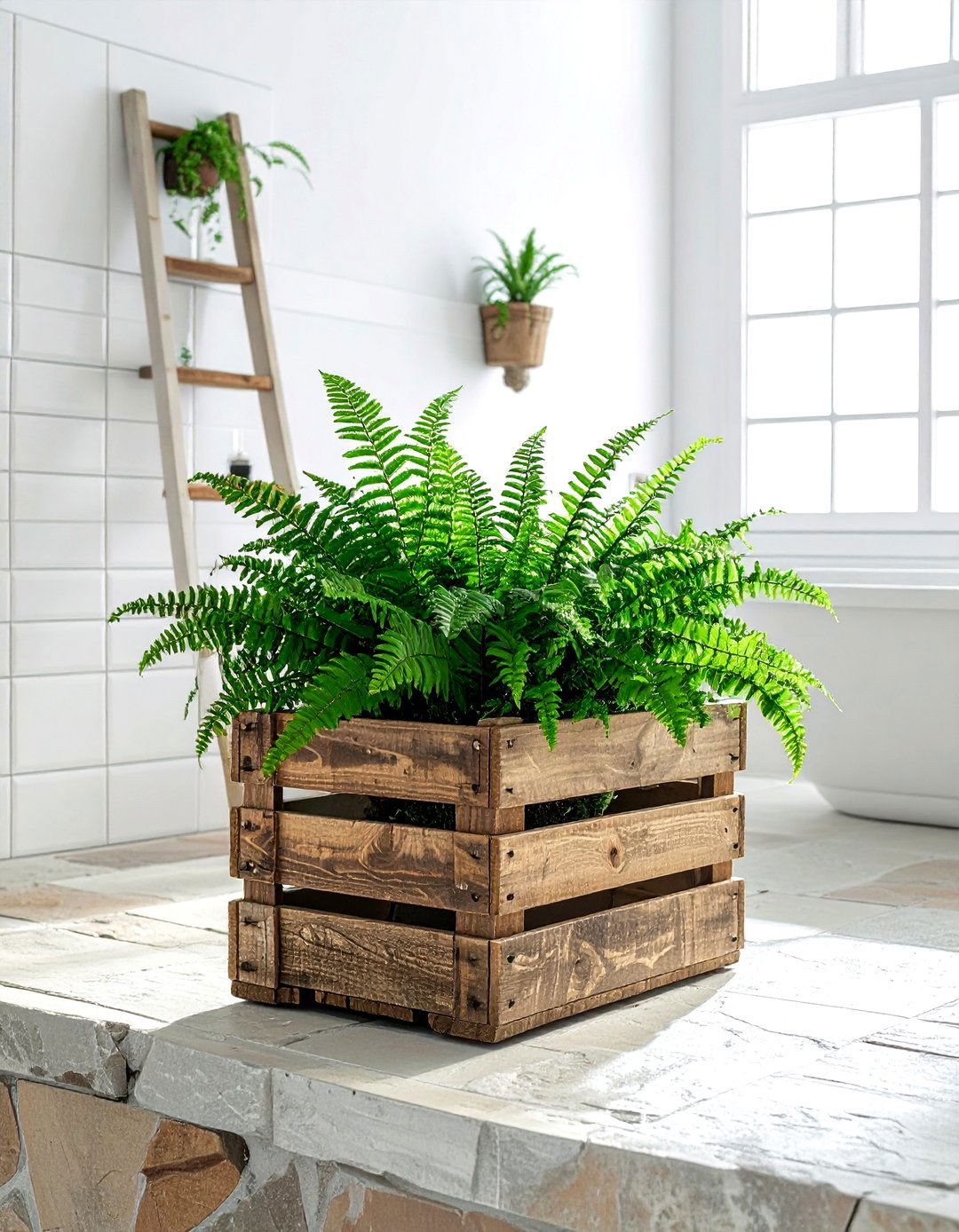 Staghorn Fern Wood Crate - 30 bathroom fern ideas