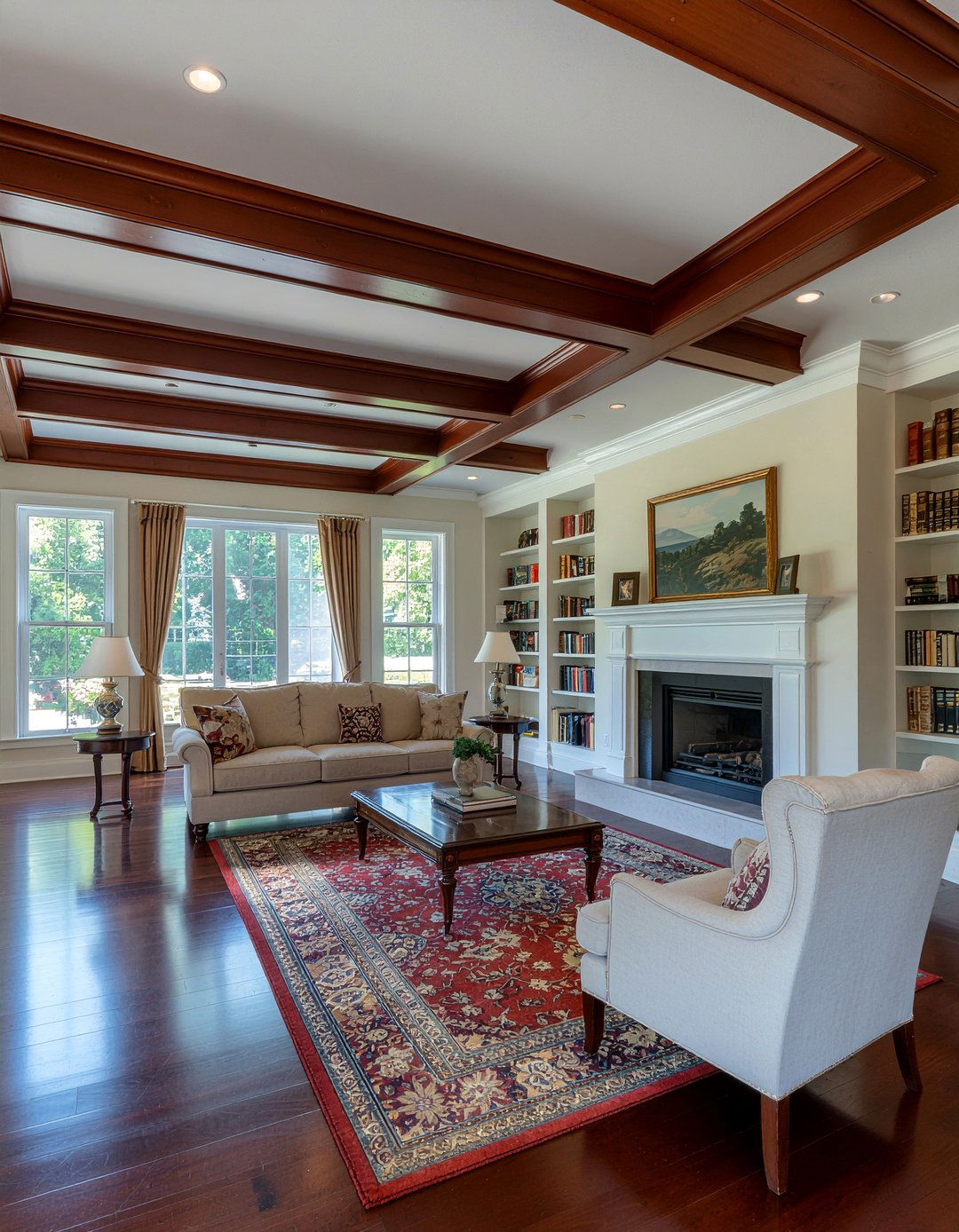Stained Cherry Ceiling - 30 living room wood plank ceiling ideas