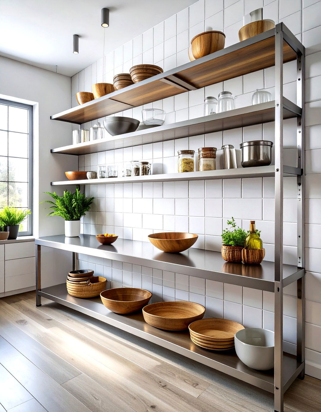 Stainless steel open shelving - 30 kitchen texture layering ideas