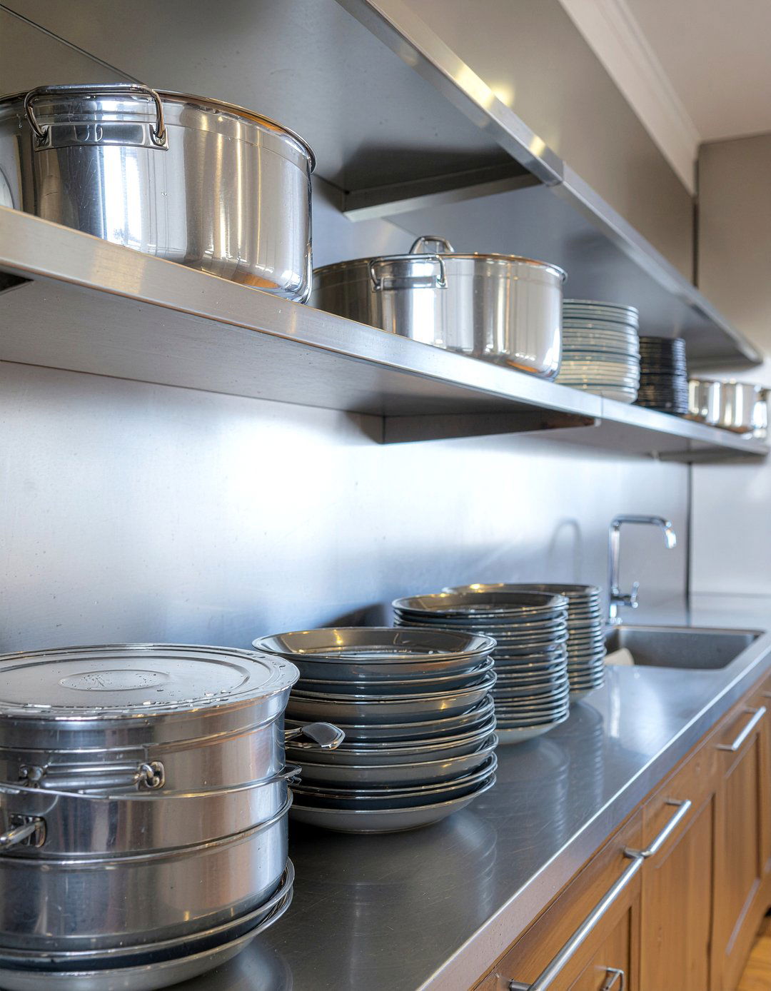 Stainless steel shelves for industrial kitchen - 30 open shelf backsplash kitchen ideas