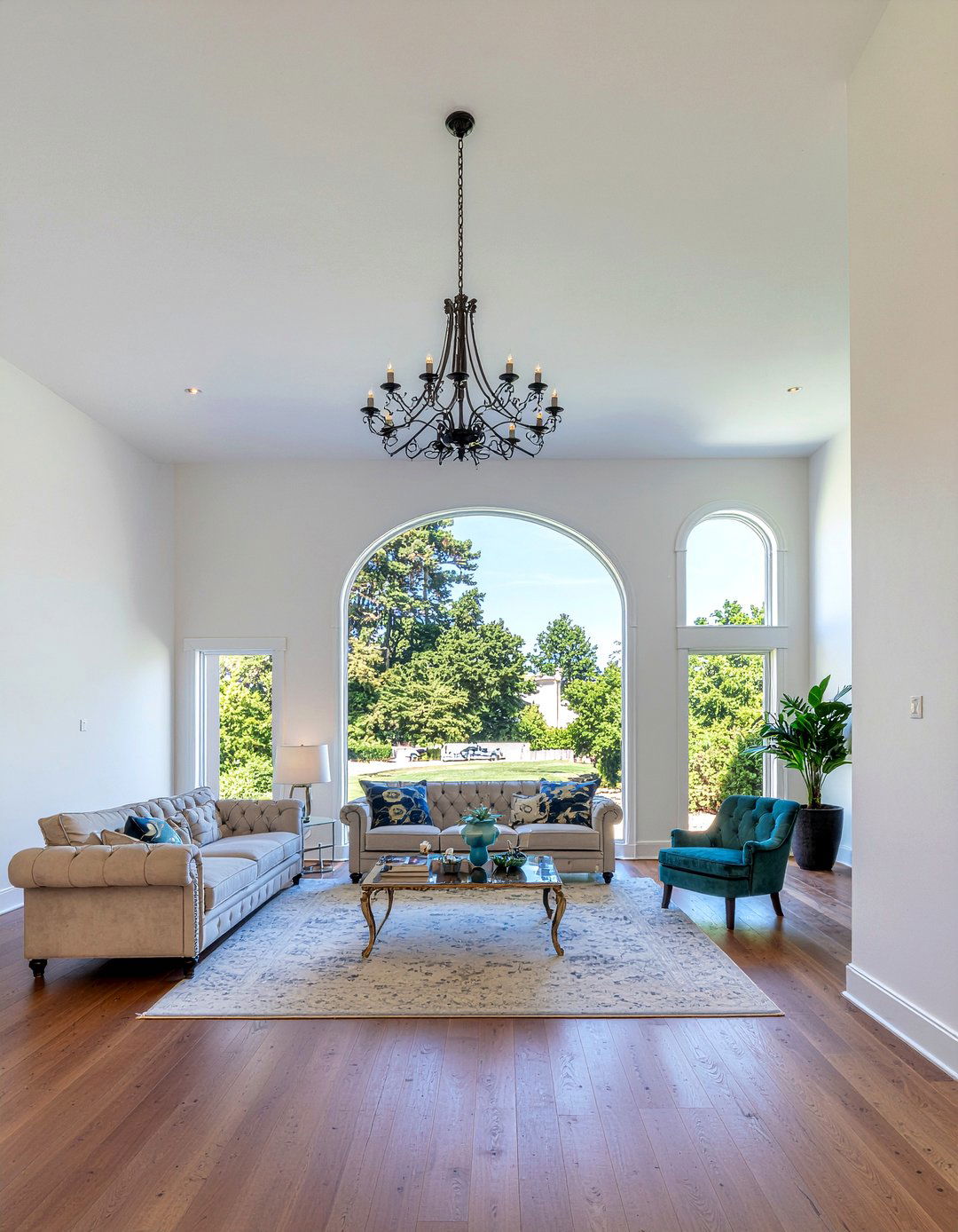 Statement Hanging Chandelier - 30 living room vaulted ceiling ideas