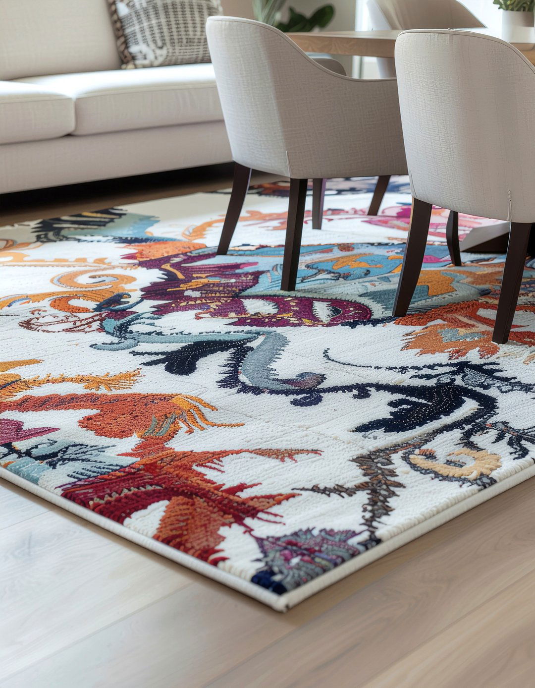 Statement Rug With Neutral Dining Furniture - 30 dining room high-low mixing ideas