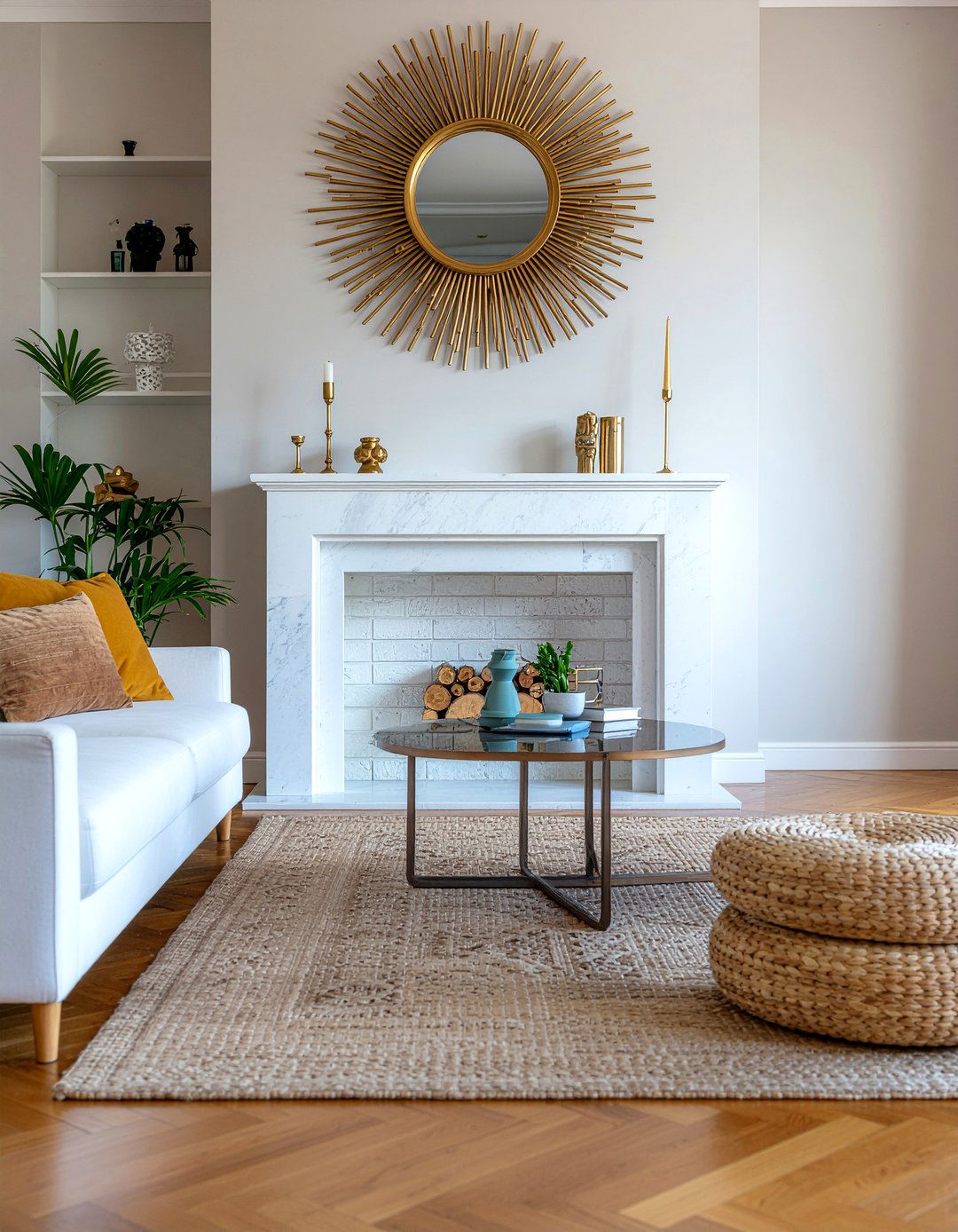 Statement fireplace mantel - 30 mid-century glam living room ideas