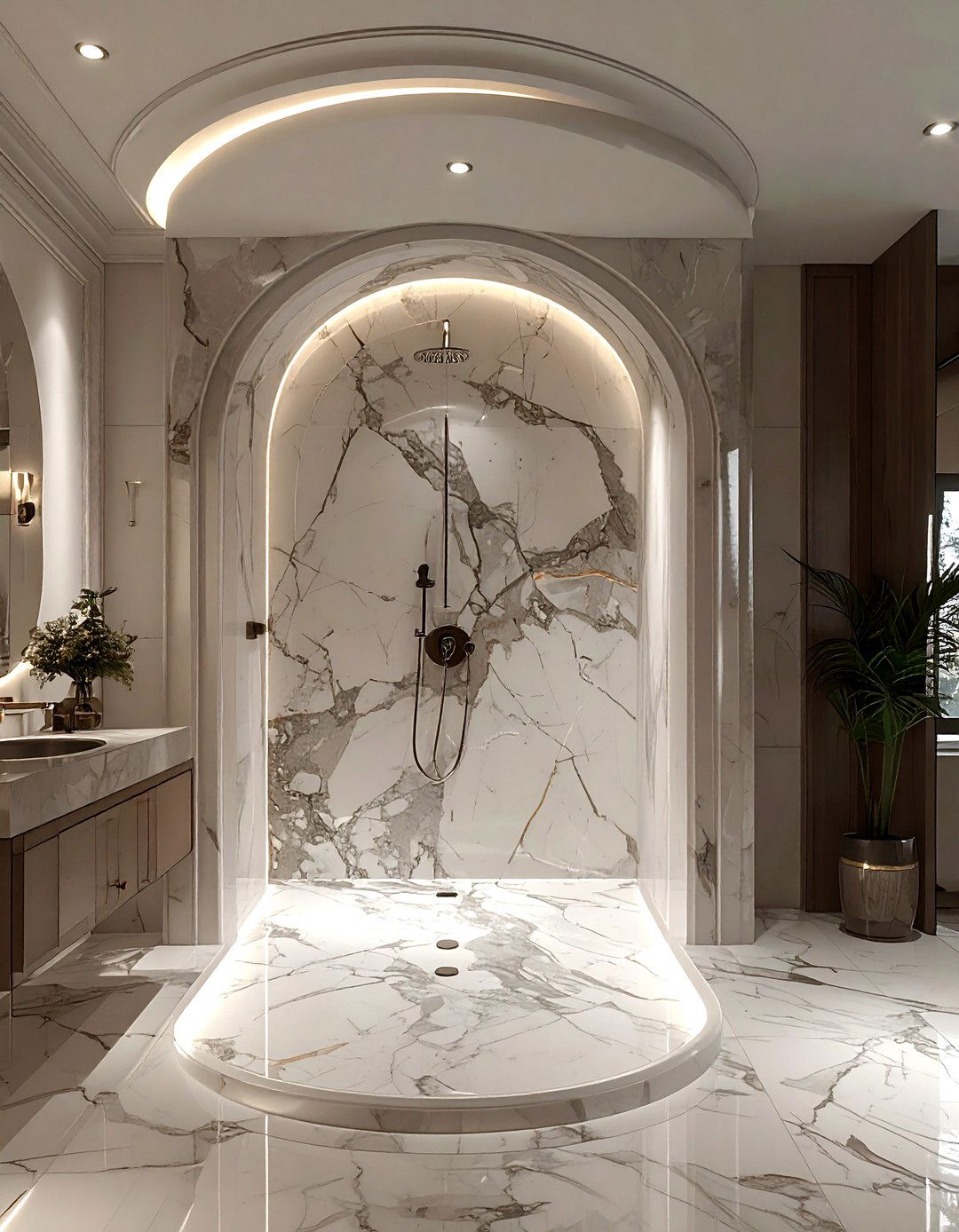 Statuario marble arched shower - 30 Statuario marble bathroom ideas